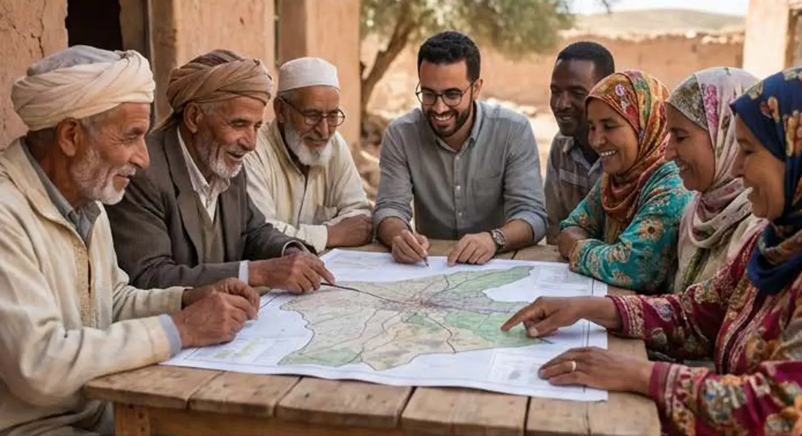 Concertation territoriale autour d'une carte avec des acteurs locaux au Maroc