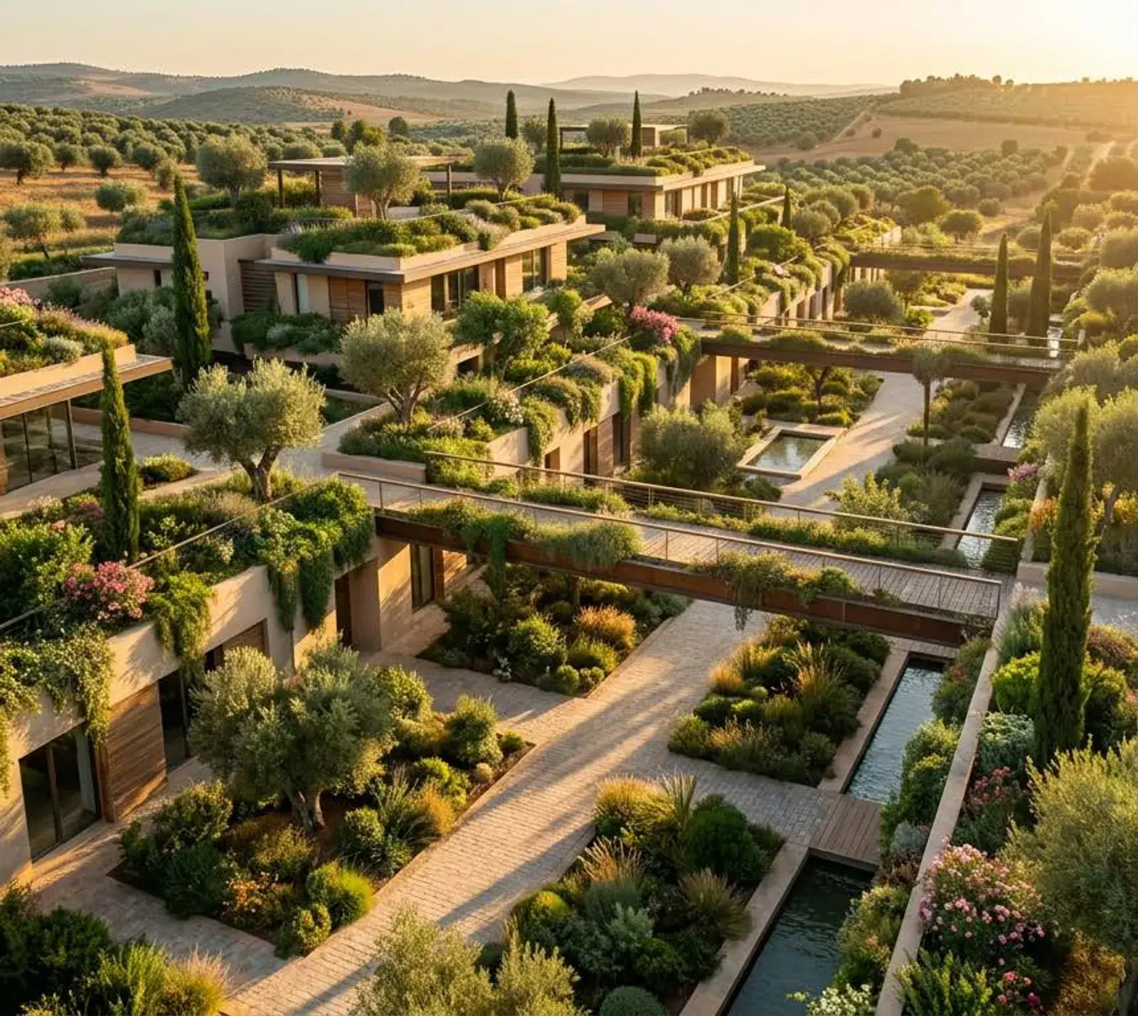 Éco-quartier aux toitures végétalisées intégré dans un paysage méditerranéen