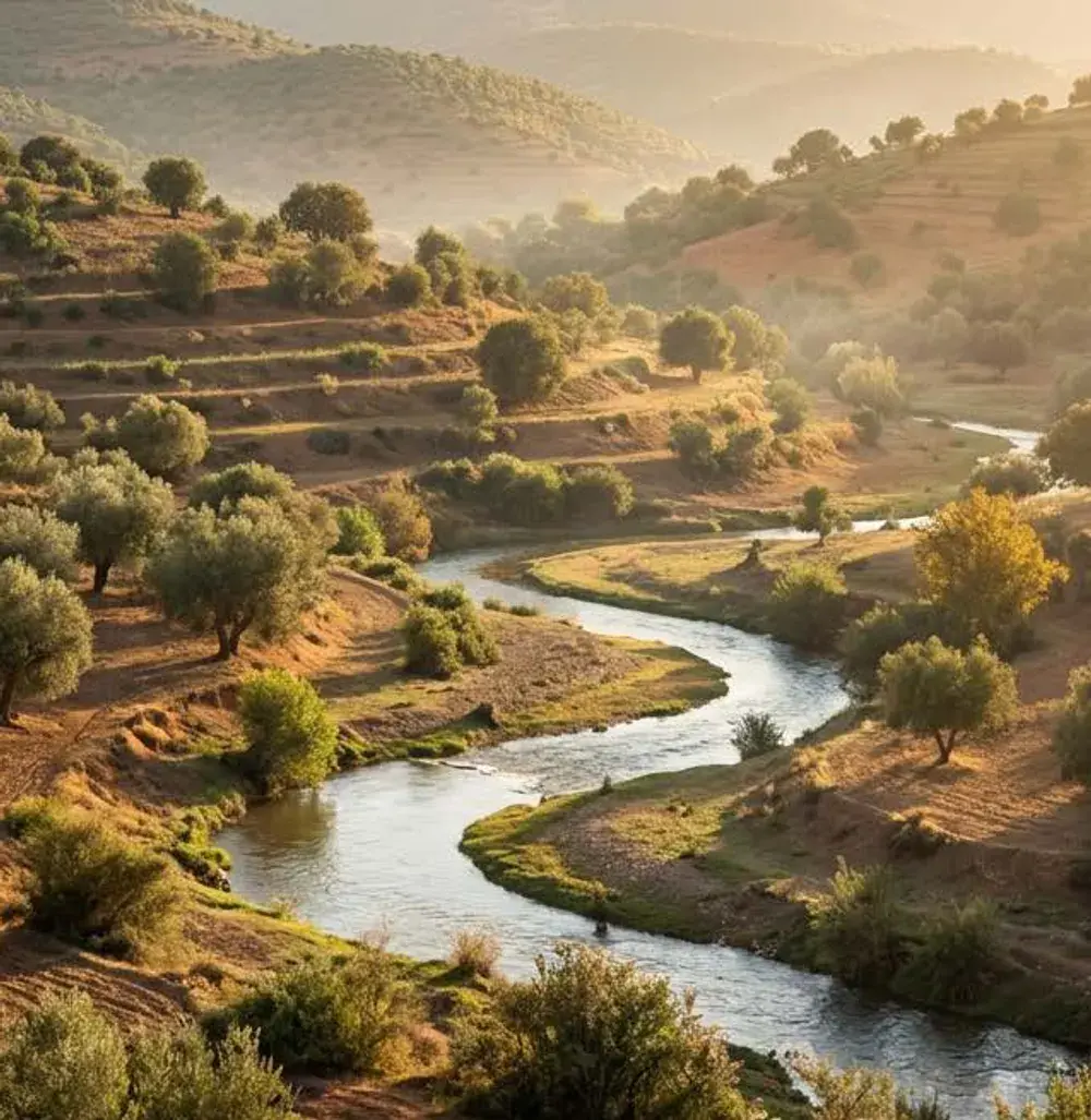 Rivière serpentant dans une vallée agricole marocaine